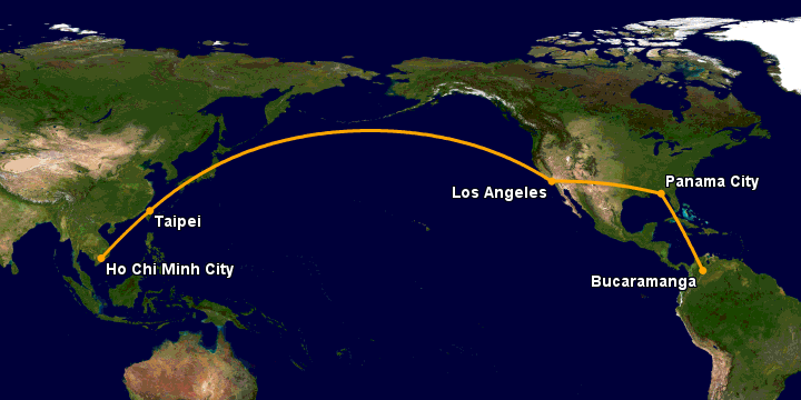Bay từ Sài Gòn đến Bucaramanga qua Đài Bắc, Los Angeles, Panama City