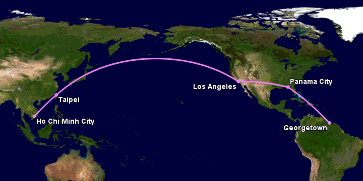 Bay từ Sài Gòn đến Georgetown GY qua Đài Bắc, Los Angeles, Panama City