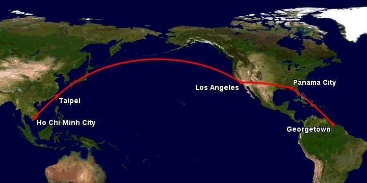 Bay từ Sài Gòn đến Georgetown GY qua Đài Bắc, Los Angeles, Panama City