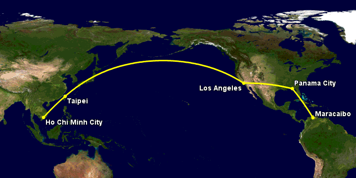 Bay từ Sài Gòn đến Maracaibo qua Đài Bắc, Los Angeles, Panama City