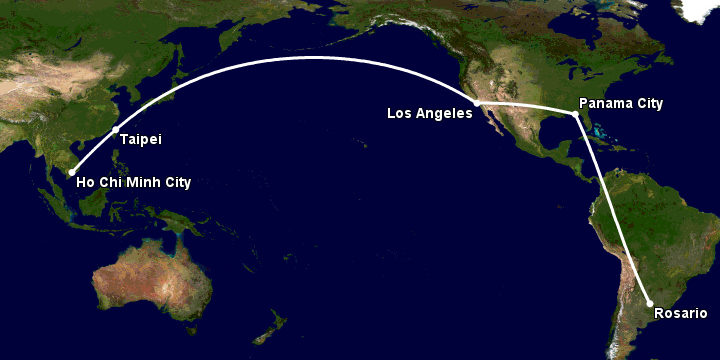 Bay từ Sài Gòn đến Rosario qua Đài Bắc, Los Angeles, Panama City