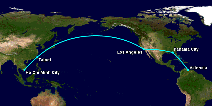 Bay từ Sài Gòn đến Valencia Arturo qua Đài Bắc, Los Angeles, Panama City