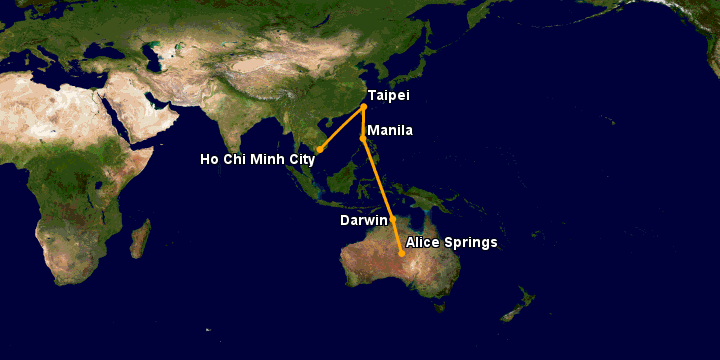 Bay từ Sài Gòn đến Alice Springs qua Đài Bắc, Manila, Darwin