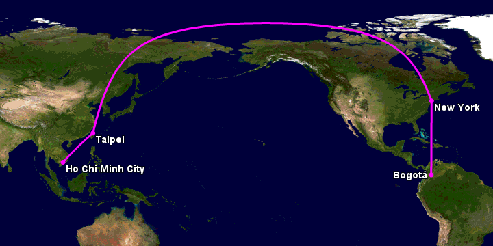 Bay từ Sài Gòn đến Bogota qua Đài Bắc, New York