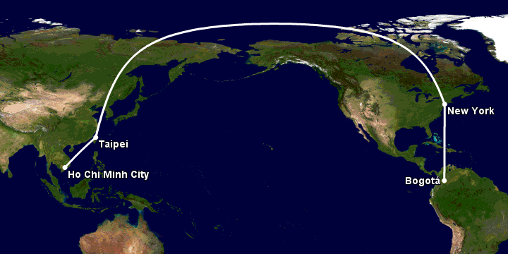 Bay từ Sài Gòn đến Bogota qua Đài Bắc, New York