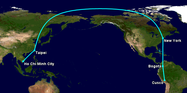 Bay từ Sài Gòn đến Cuzco qua Đài Bắc, New York, Bogotá
