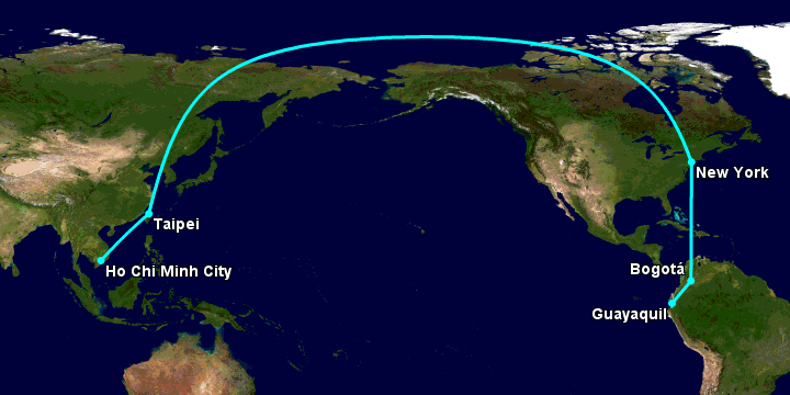 Bay từ Sài Gòn đến Guayaquil qua Đài Bắc, New York, Bogotá