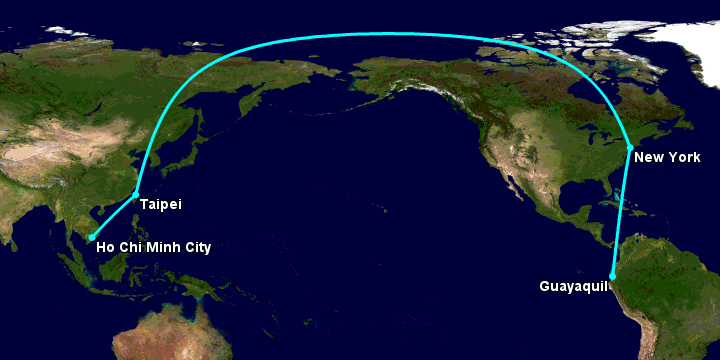Bay từ Sài Gòn đến Guayaquil qua Đài Bắc, New York