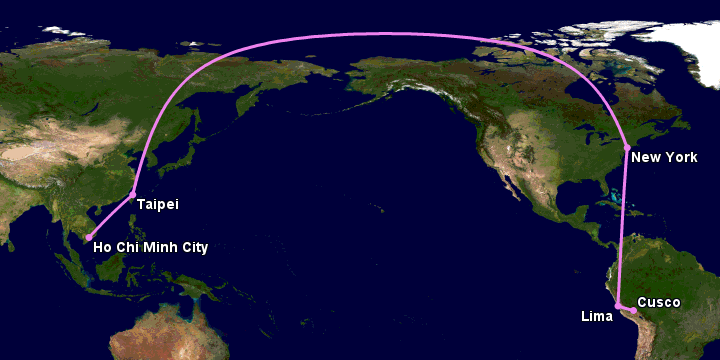 Bay từ Sài Gòn đến Cuzco qua Đài Bắc, New York, Lima