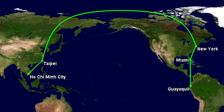 Bay từ Sài Gòn đến Guayaquil qua Đài Bắc, New York, Miami