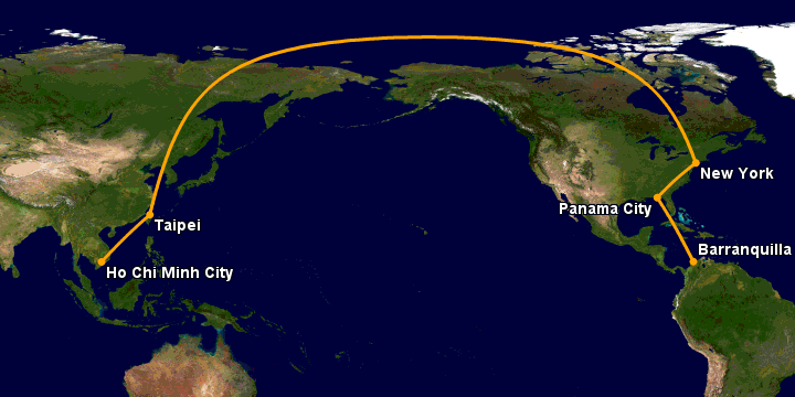 Bay từ Sài Gòn đến Barranquilla qua Đài Bắc, New York, Panama City
