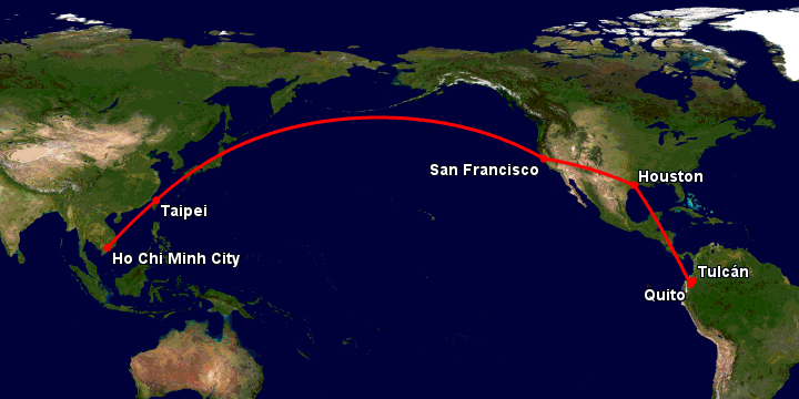 Bay từ Sài Gòn đến Tulcan qua Đài Bắc, San Francisco, Houston, Quito