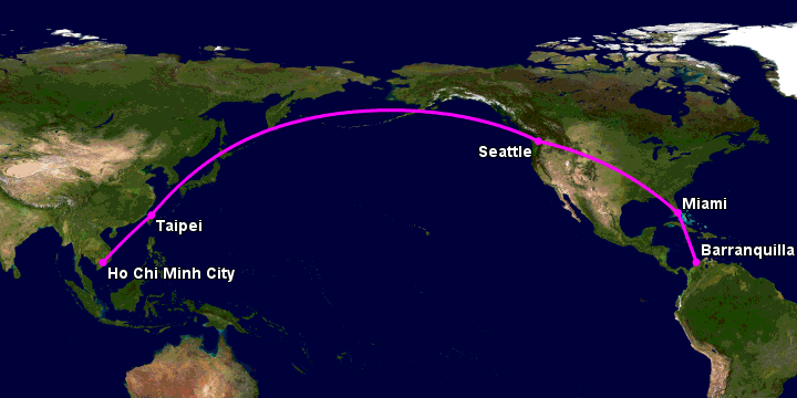 Bay từ Sài Gòn đến Barranquilla qua Đài Bắc, Seattle, Miami