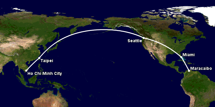 Bay từ Sài Gòn đến Maracaibo qua Đài Bắc, Seattle, Miami