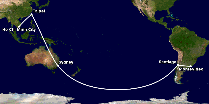 Bay từ Sài Gòn đến Montevideo qua Đài Bắc, Sydney, Santiago