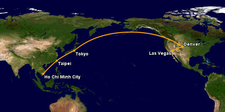 Bay từ Sài Gòn đến Las Vegas qua Đài Bắc, Tokyo, Denver