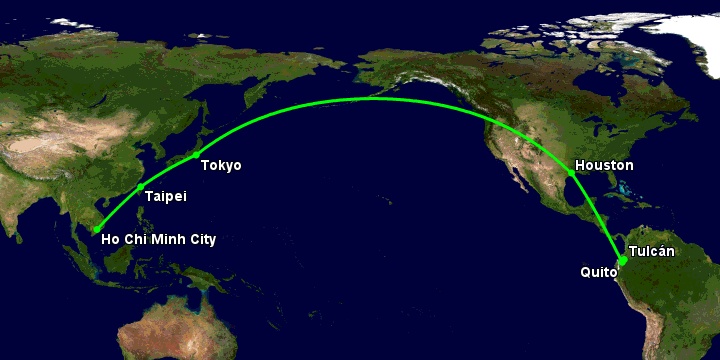 Bay từ Sài Gòn đến Tulcan qua Đài Bắc, Tokyo, Houston, Quito