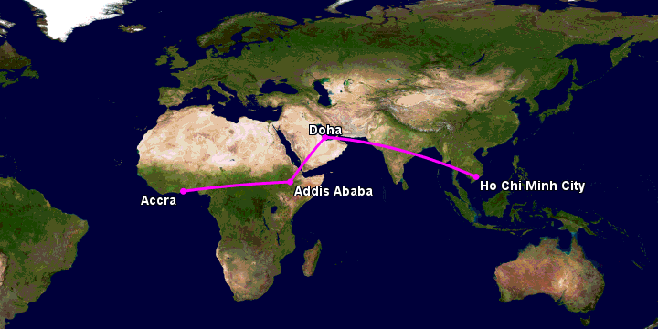 Bay từ Sài Gòn đến Accra qua Doha, Addis Ababa