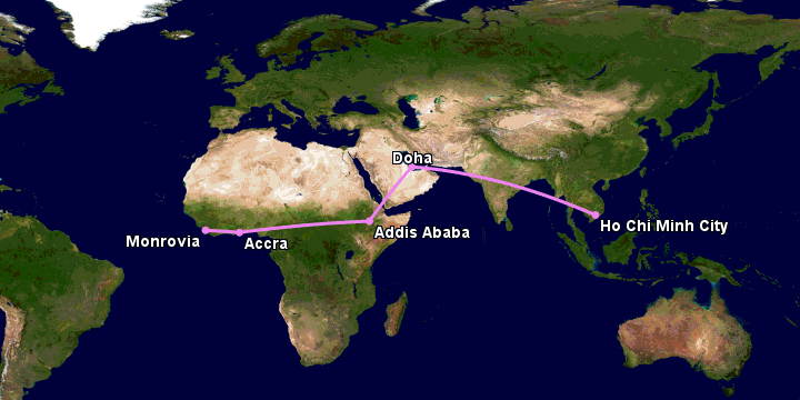 Bay từ Sài Gòn đến Monrovia Rob qua Doha, Addis Ababa, Accra