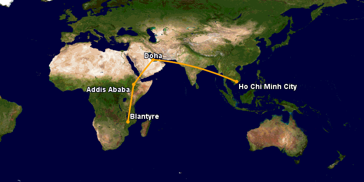 Bay từ Sài Gòn đến Blantyre qua Doha, Addis Ababa