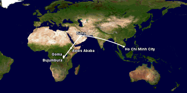 Bay từ Sài Gòn đến Goma qua Doha, Addis Ababa, Bujumbura