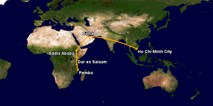 Bay từ Sài Gòn đến Pemba qua Doha, Addis Ababa, Dar es Salaam