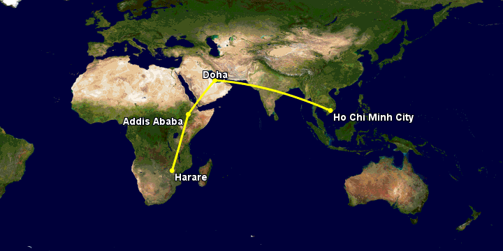Bay từ Sài Gòn đến Harare qua Doha, Addis Ababa
