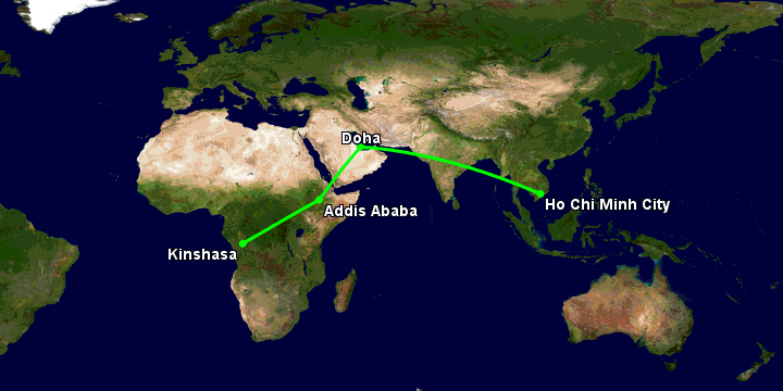 Bay từ Sài Gòn đến Kinshasa Ndjili qua Doha, Addis Ababa