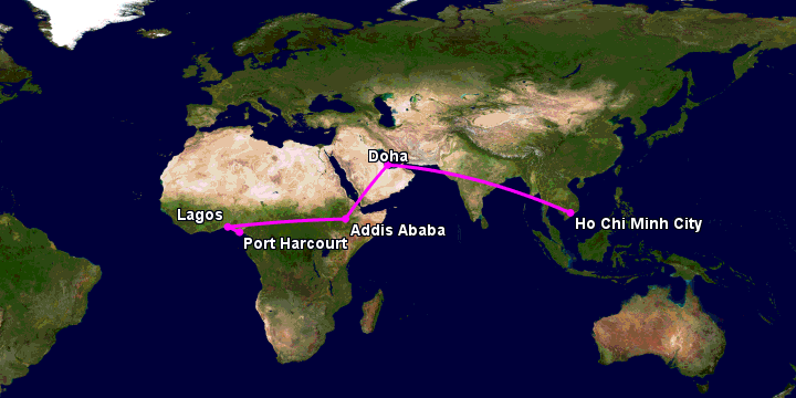 Bay từ Sài Gòn đến Port Harcourt qua Doha, Addis Ababa, Lagos