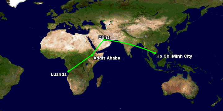 Bay từ Sài Gòn đến Luanda qua Doha, Addis Ababa