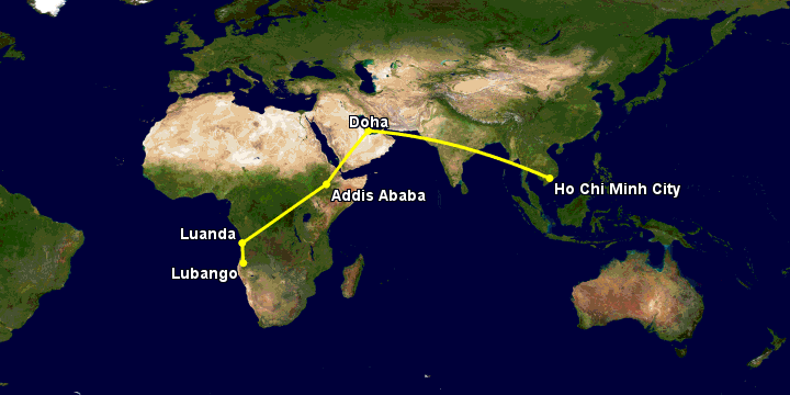 Bay từ Sài Gòn đến Lubango qua Doha, Addis Ababa, Luanda