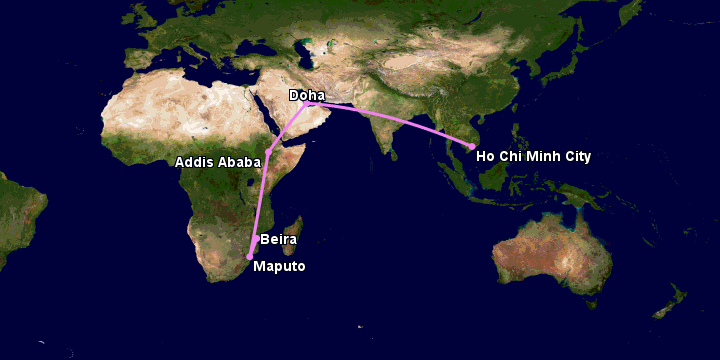 Bay từ Sài Gòn đến Beira qua Doha, Addis Ababa, Maputo