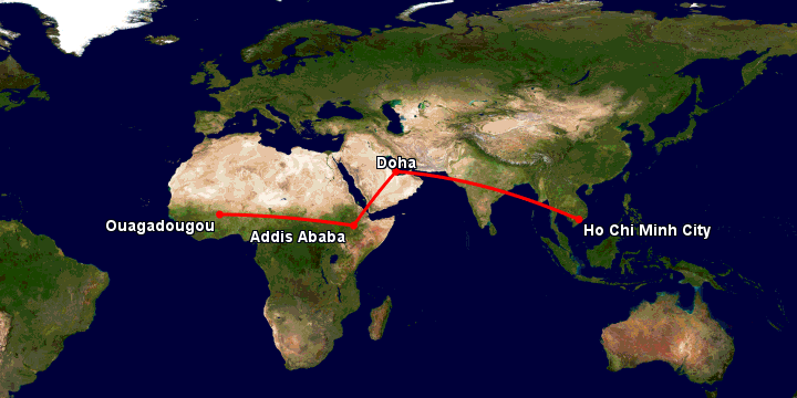 Bay từ Sài Gòn đến Ouagadougou qua Doha, Addis Ababa