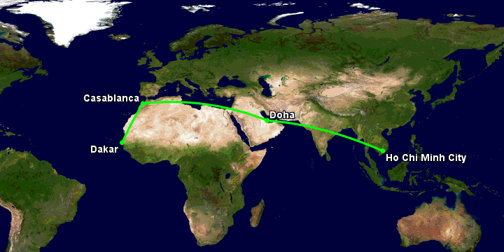 Bay từ Sài Gòn đến Dakar qua Doha, Casablanca