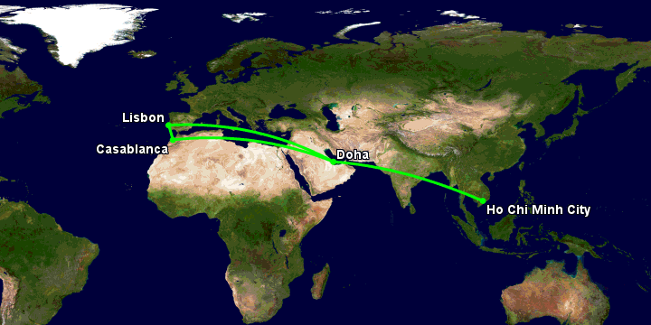 Bay từ Sài Gòn đến Doha qua Doha, Casablanca, Lisbon
