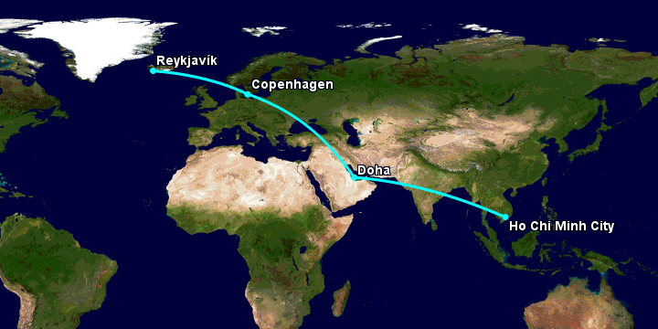 Bay từ Sài Gòn đến Reykjavik qua Doha, Copenhagen