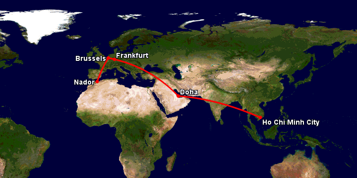 Bay từ Sài Gòn đến Nador qua Doha, Frankfurt, Brussels