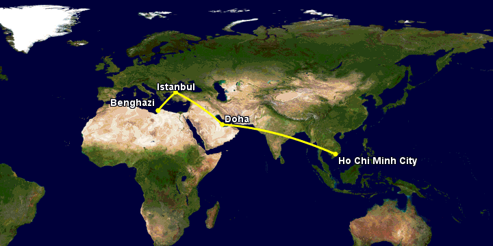 Bay từ Sài Gòn đến Benghazi qua Doha, Istanbul