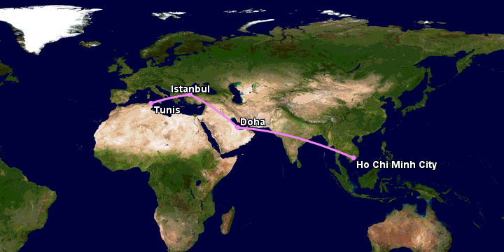 Bay từ Sài Gòn đến Tunis qua Doha, Istanbul