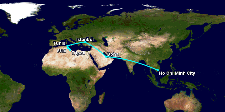 Bay từ Sài Gòn đến Sfax qua Doha, Istanbul, Tunis, Tripoli