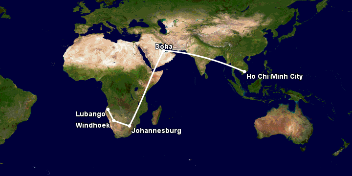 Bay từ Sài Gòn đến Lubango qua Doha, Johannesburg, Windhoek