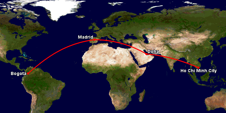 Bay từ Sài Gòn đến Bogota qua Doha, Madrid