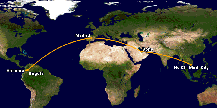 Bay từ Sài Gòn đến Armenia qua Doha, Madrid, Bogotá
