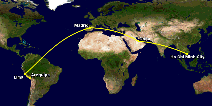 Bay từ Sài Gòn đến Arequipa qua Doha, Madrid, Lima
