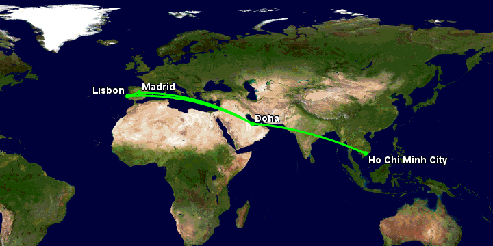 Bay từ Sài Gòn đến Doha qua Doha, Madrid, Lisbon