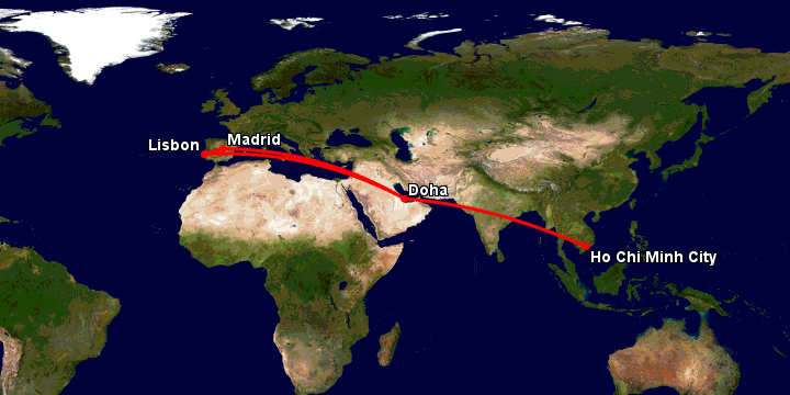 Bay từ Sài Gòn đến Doha qua Doha, Madrid, Lisbon