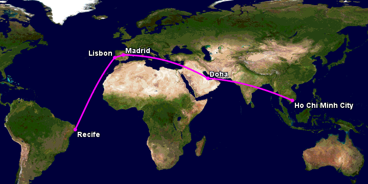 Bay từ Sài Gòn đến Recife qua Doha, Madrid, Lisbon