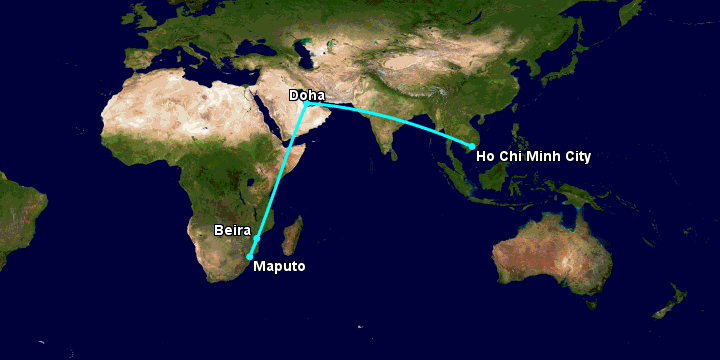 Bay từ Sài Gòn đến Beira qua Doha, Maputo