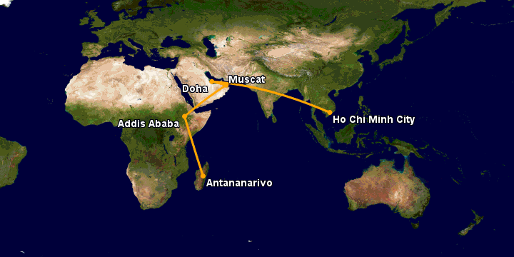 Bay từ Sài Gòn đến Antananarivo qua Doha, Muscat, Addis Ababa