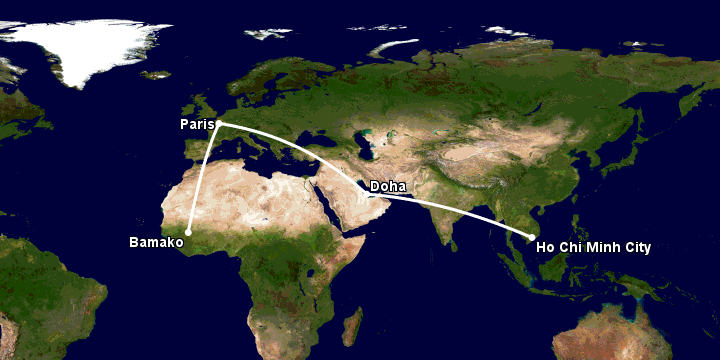 Bay từ Sài Gòn đến Bamako qua Doha, Paris